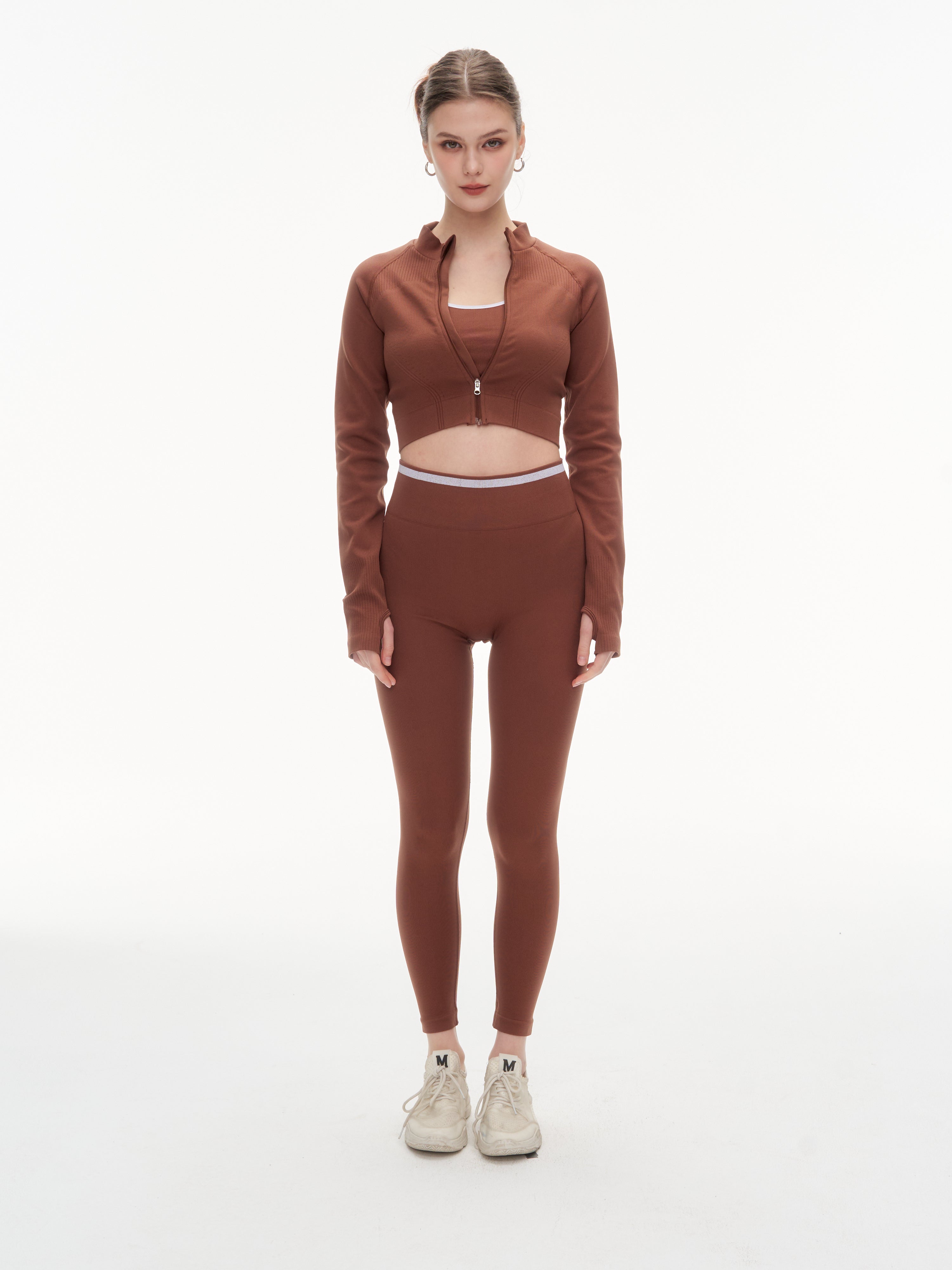 Women's 3 Piece Contrast Trim Workout Set - Sports Bra, High Waist Leggings & Zip Up Crop Jacket