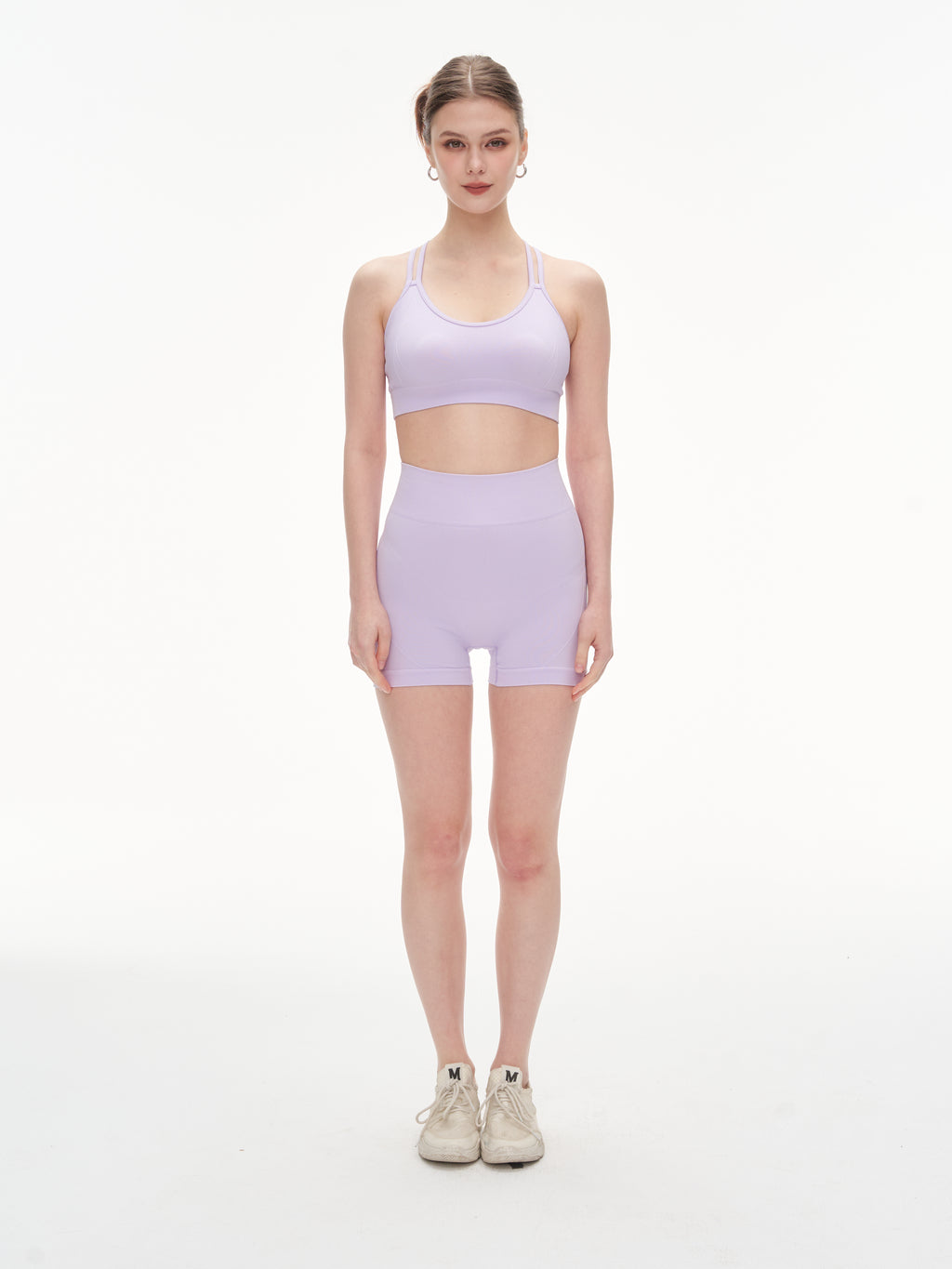 Lilac Seamless Yoga Set - Crisscross Back Sports Bra & High-Waist Shorts