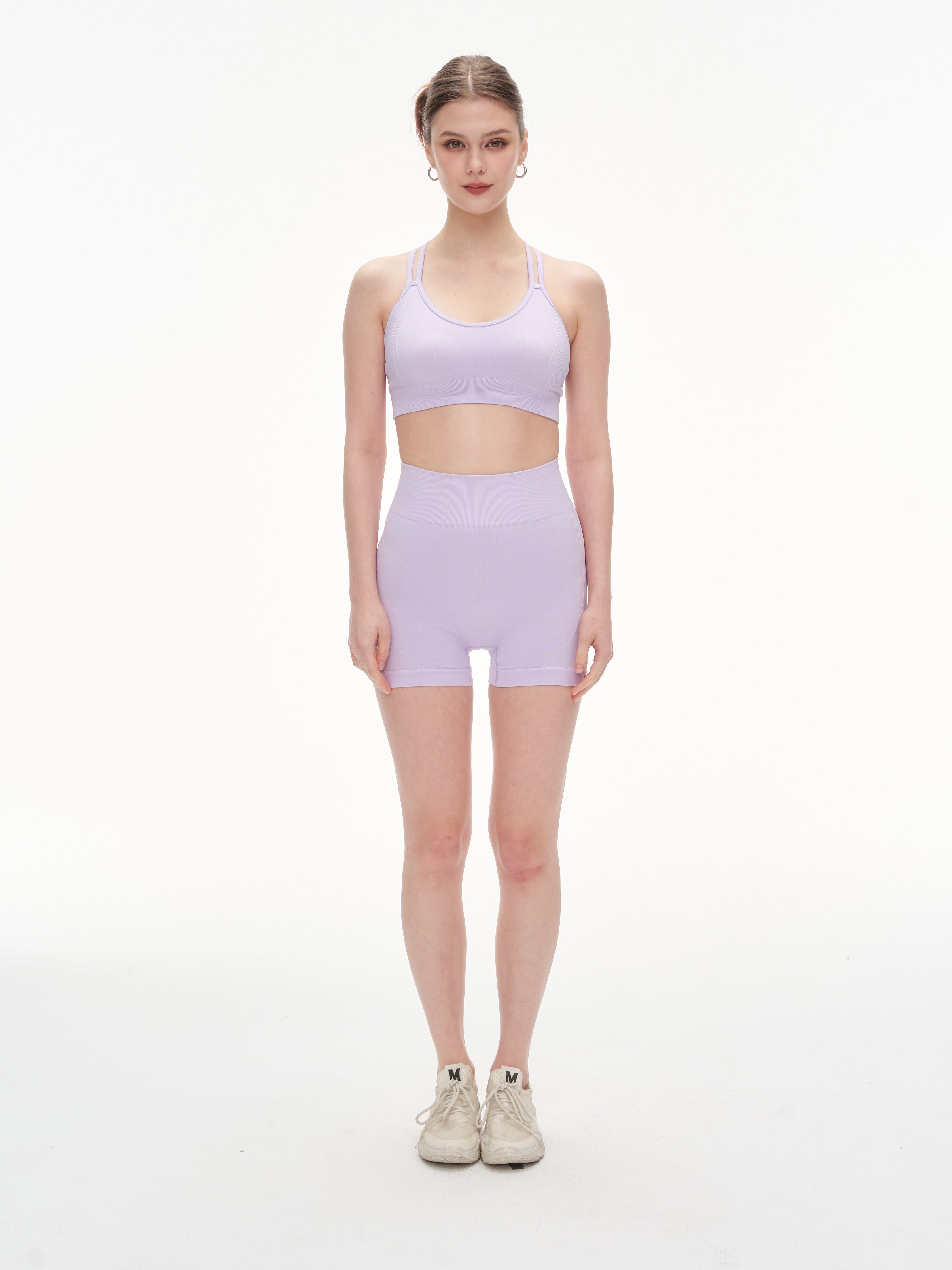 Lilac Seamless Yoga Set - Crisscross Back Sports Bra & High-Waist Shorts