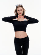 Women's Off Shoulder Long Sleeve Crop Top - Thumb Hole Stretchy Nylon Workout Top