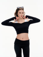Women's Off Shoulder Long Sleeve Crop Top - Thumb Hole Stretchy Nylon Workout Top
