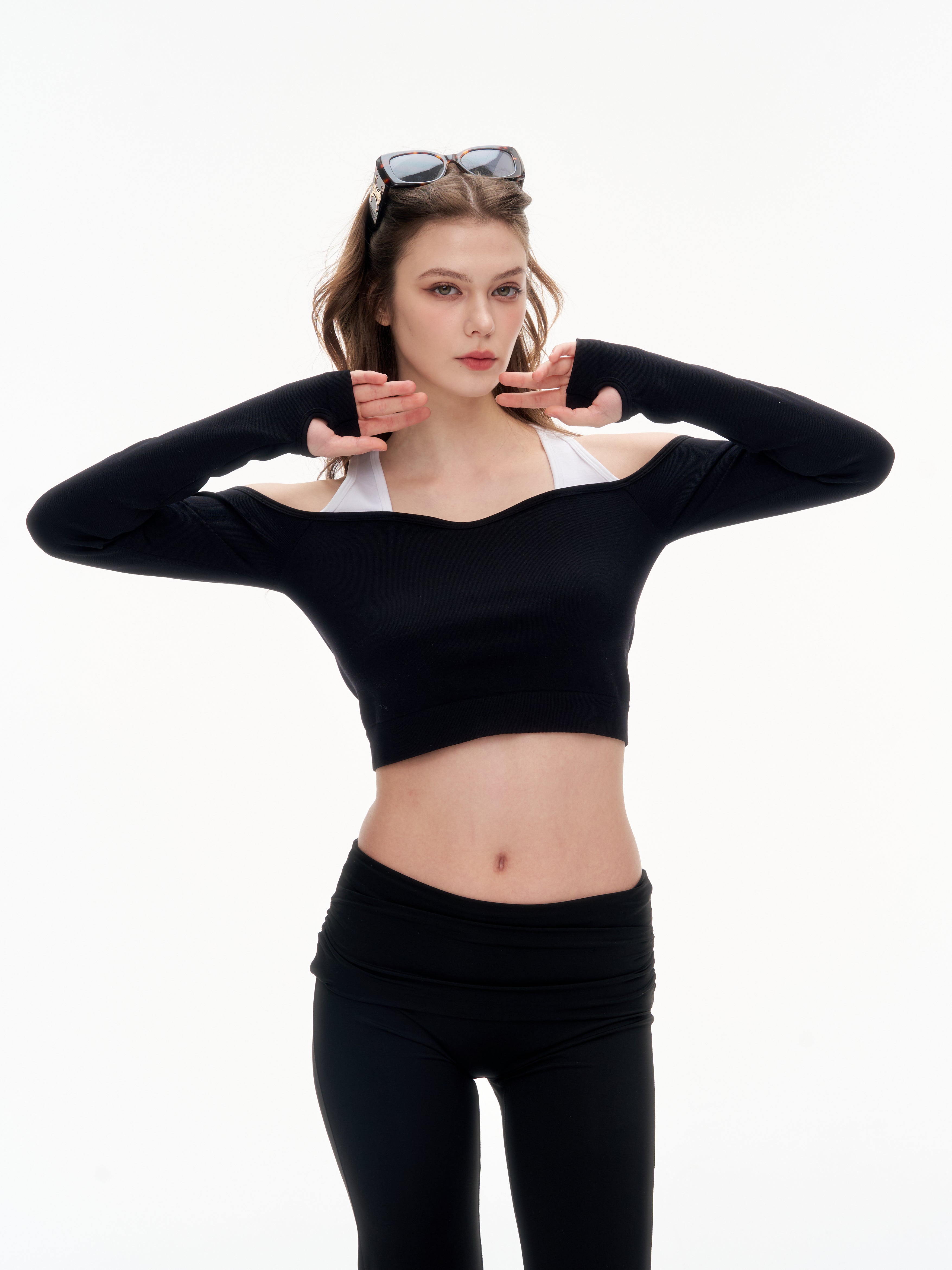 Women's Off Shoulder Long Sleeve Crop Top - Thumb Hole Stretchy Nylon Workout Top