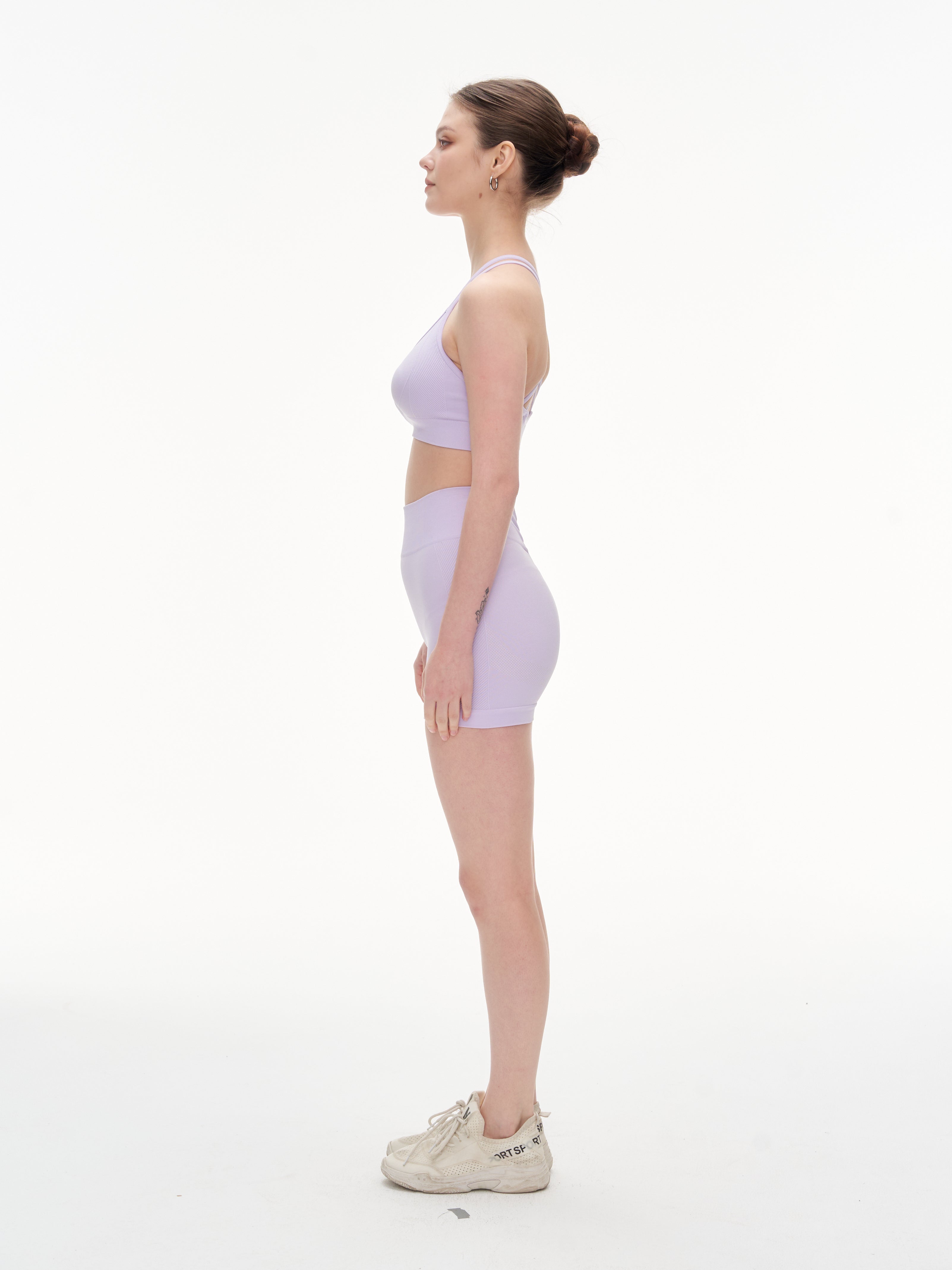 Lilac Seamless Yoga Set - Crisscross Back Sports Bra & High-Waist Shorts