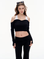 Women's Off Shoulder Long Sleeve Crop Top - Thumb Hole Stretchy Nylon Workout Top