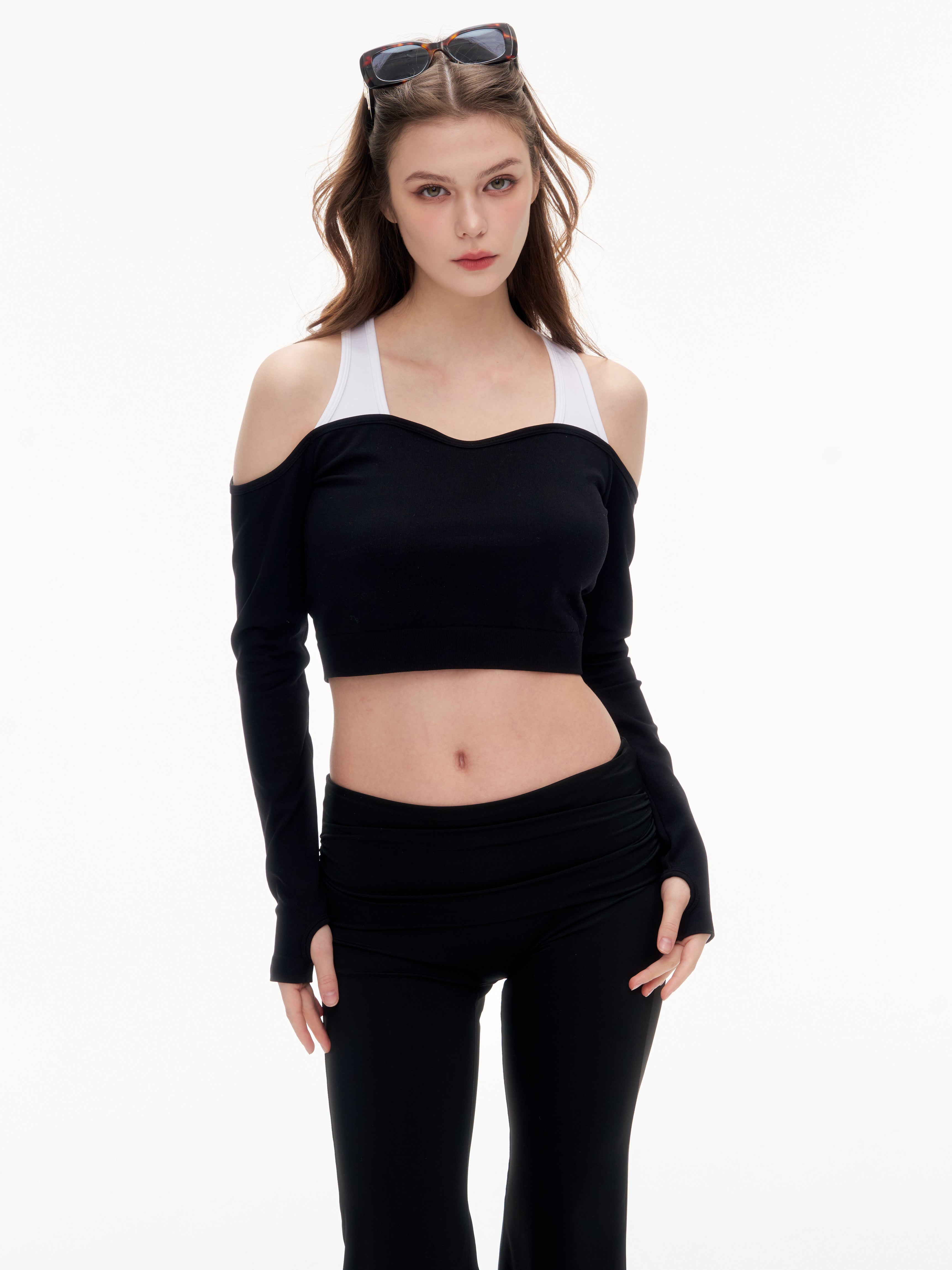 Women's Off Shoulder Long Sleeve Crop Top - Thumb Hole Stretchy Nylon Workout Top
