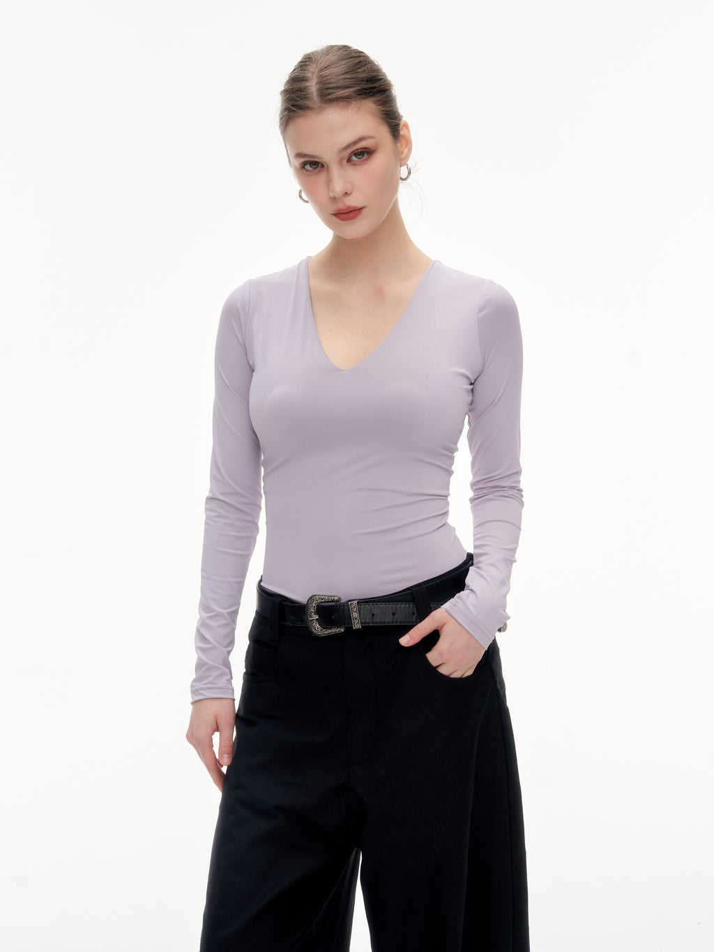 Women's V-Neck Long Sleeve Slim Fit Top - Stretchy Blend Form Fitting Base Layer