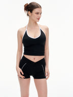 Women's 2 Piece Halter Neck Workout Set - Twist Front Shorts & Removable Pads Sports Outfit