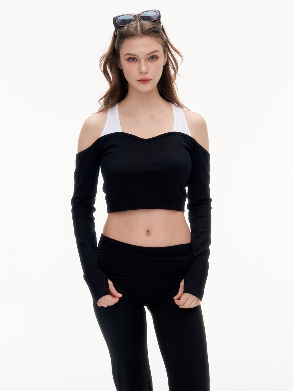 Women's Off Shoulder Long Sleeve Crop Top - Thumb Hole Stretchy Nylon Workout Top