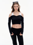 Women's Off Shoulder Long Sleeve Crop Top - Thumb Hole Stretchy Nylon Workout Top