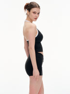 Women's 2 Piece Halter Neck Workout Set - Twist Front Shorts & Removable Pads Sports Outfit