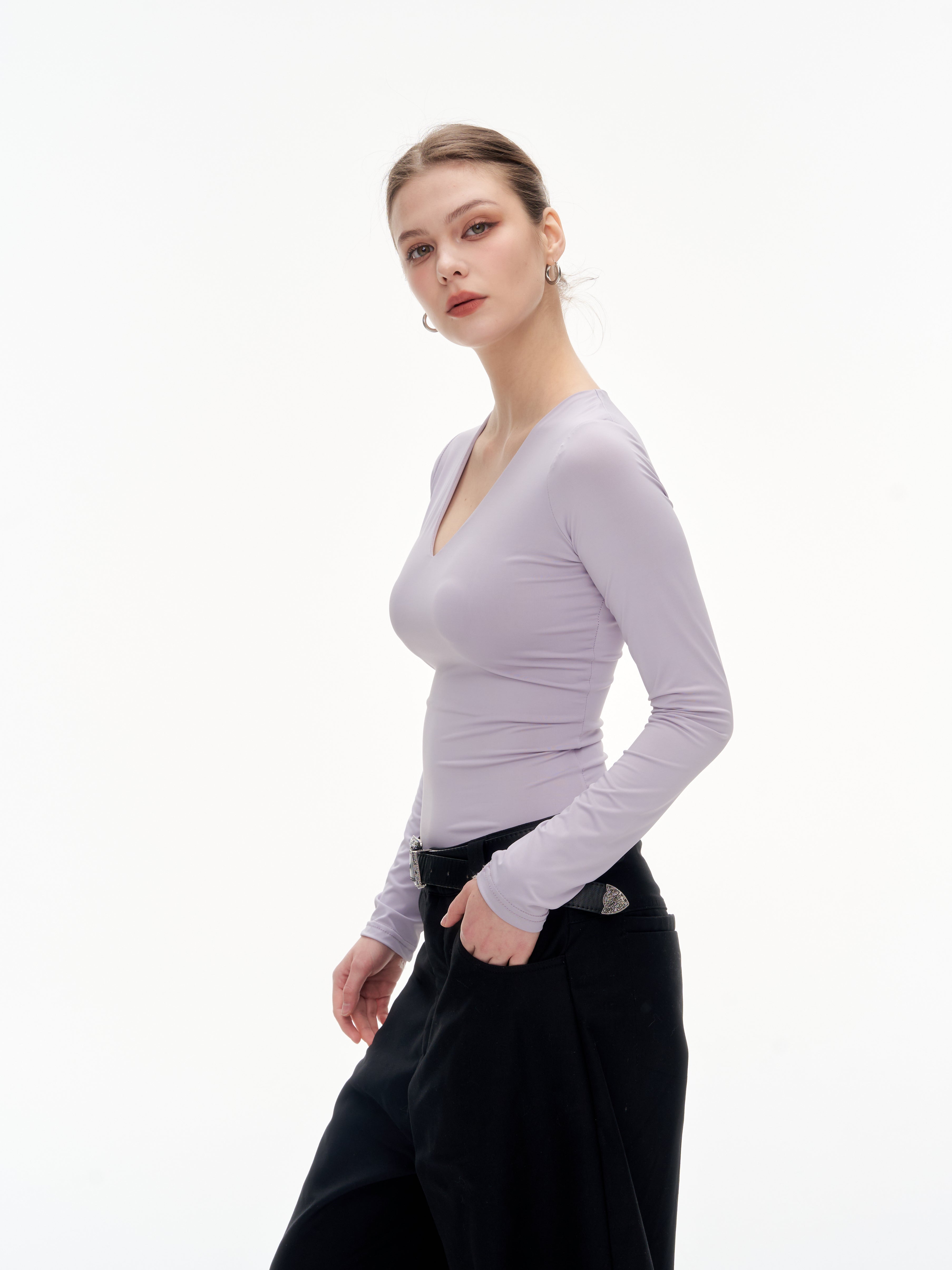 Women's V-Neck Long Sleeve Slim Fit Top - Stretchy Blend Form Fitting Base Layer