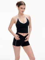 Women's 2 Piece Halter Neck Workout Set - Twist Front Shorts & Removable Pads Sports Outfit