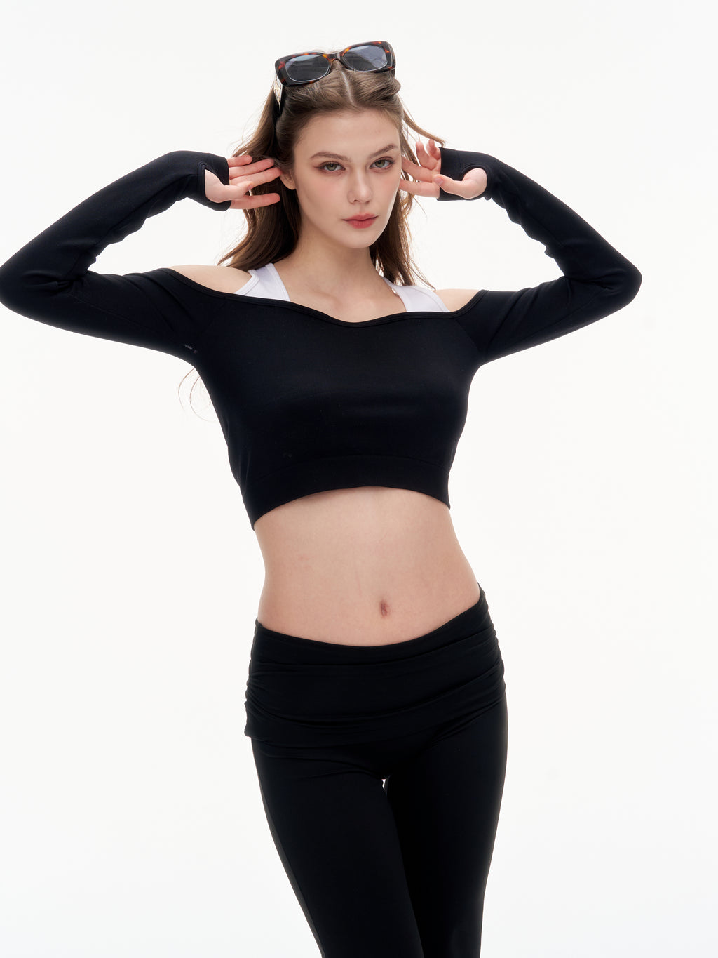 Women's Off Shoulder Long Sleeve Crop Top - Thumb Hole Stretchy Nylon Workout Top