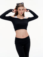 Women's Off Shoulder Long Sleeve Crop Top - Thumb Hole Stretchy Nylon Workout Top