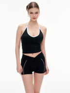Women's 2 Piece Halter Neck Workout Set - Twist Front Shorts & Removable Pads Sports Outfit