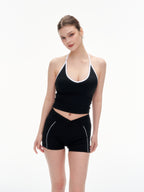 Women's 2 Piece Halter Neck Workout Set - Twist Front Shorts & Removable Pads Sports Outfit