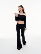 Women's Off Shoulder Long Sleeve Crop Top - Thumb Hole Stretchy Nylon Workout Top