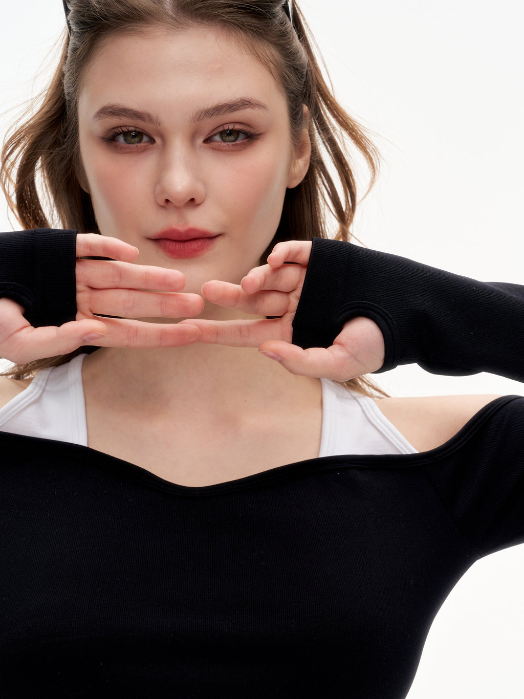 Women's Off Shoulder Long Sleeve Crop Top - Thumb Hole Stretchy Nylon Workout Top