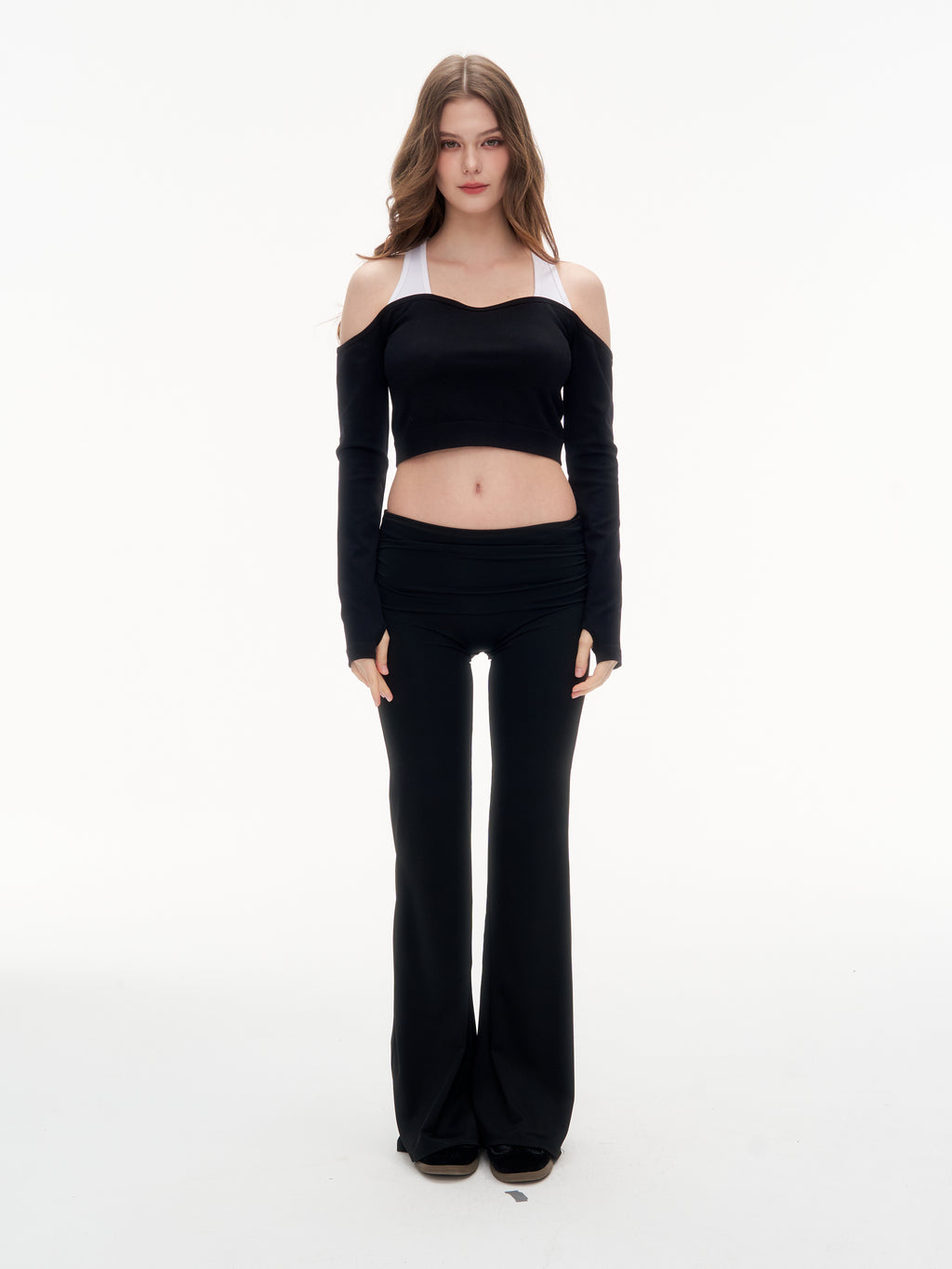 Women's Off Shoulder Long Sleeve Crop Top - Thumb Hole Stretchy Nylon Workout Top