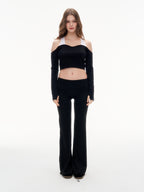 Women's Off Shoulder Long Sleeve Crop Top - Thumb Hole Stretchy Nylon Workout Top