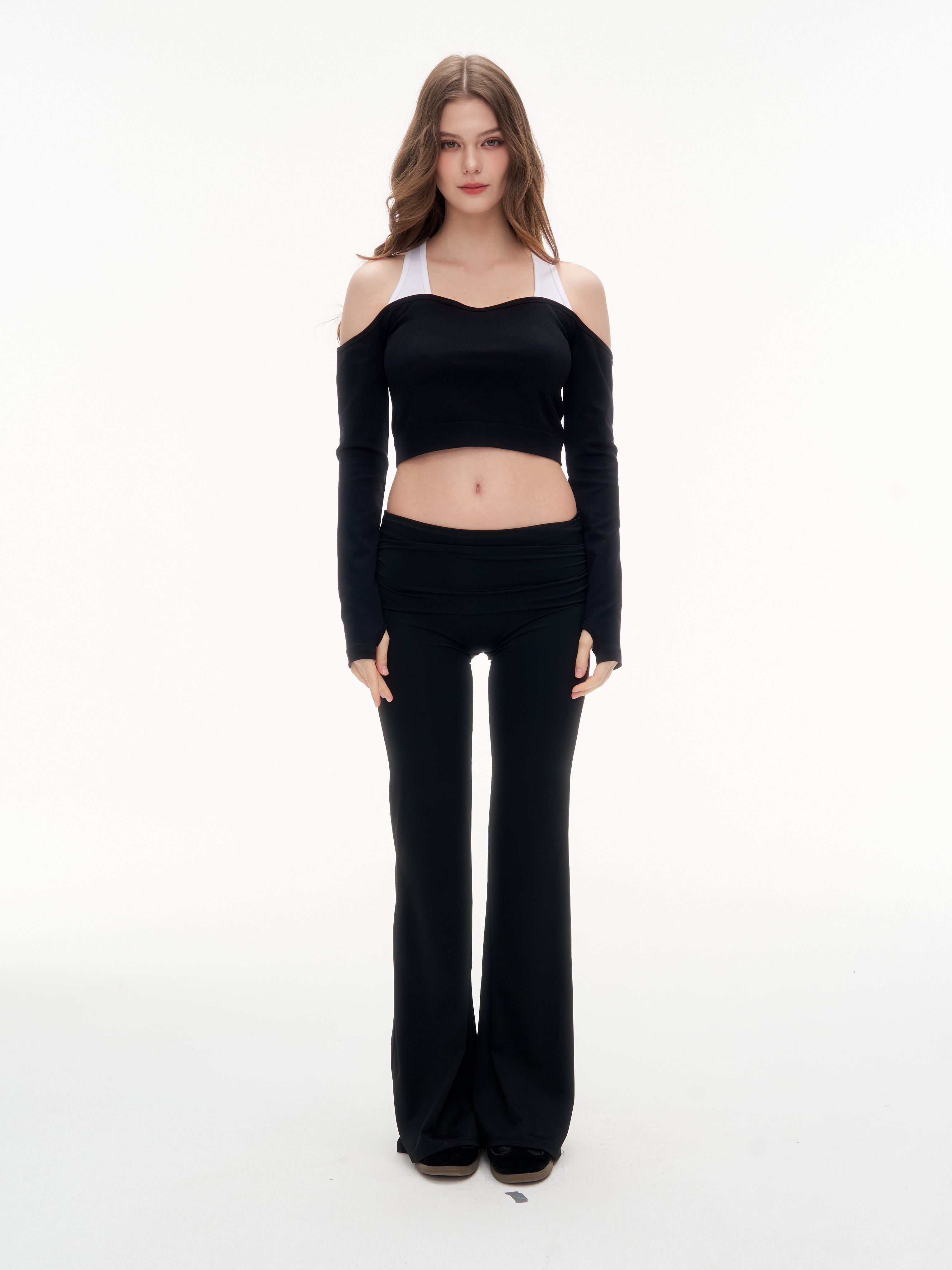 Women's Off Shoulder Long Sleeve Crop Top - Thumb Hole Stretchy Nylon Workout Top