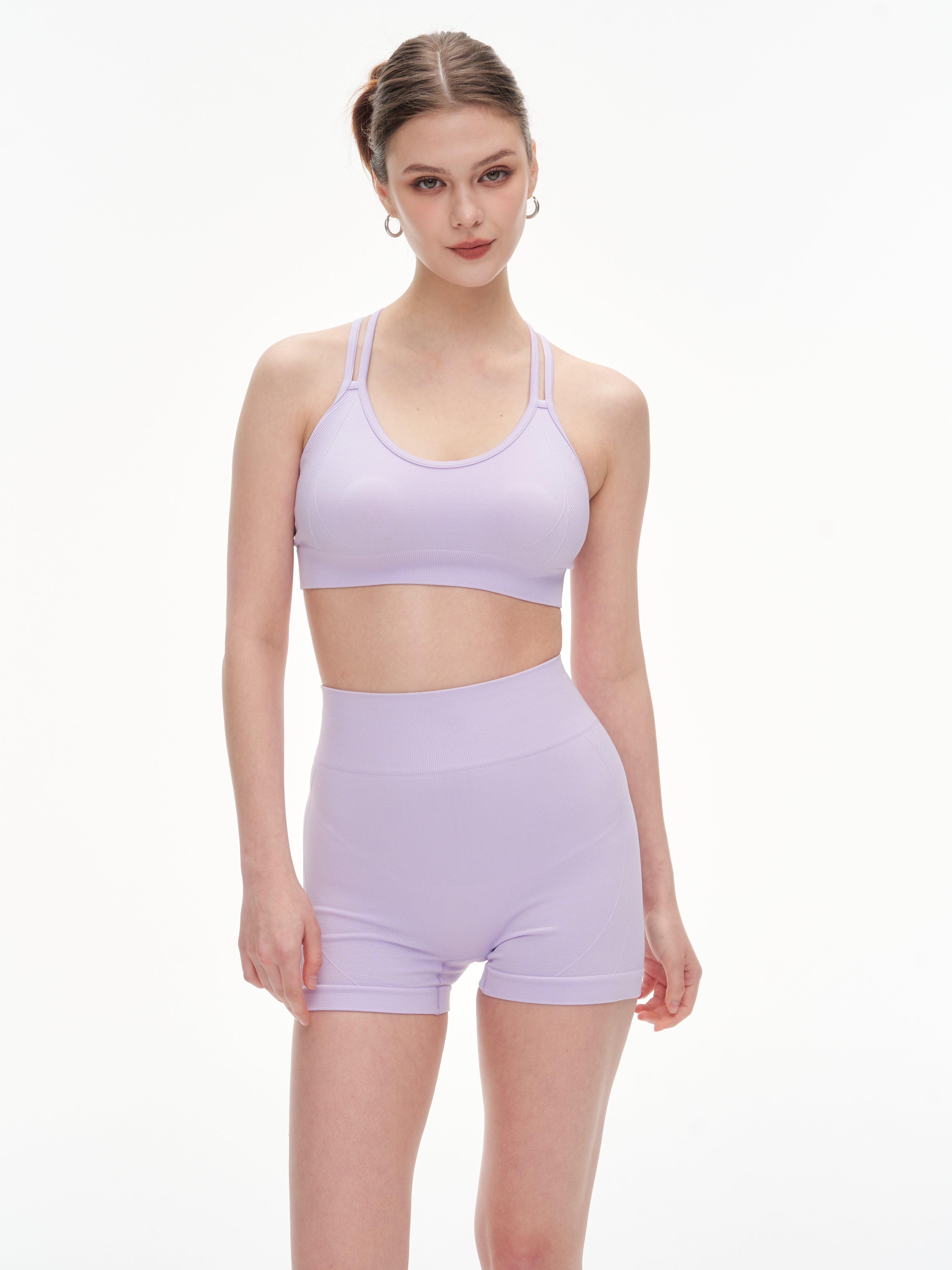 Lilac Seamless Yoga Set - Crisscross Back Sports Bra & High-Waist Shorts