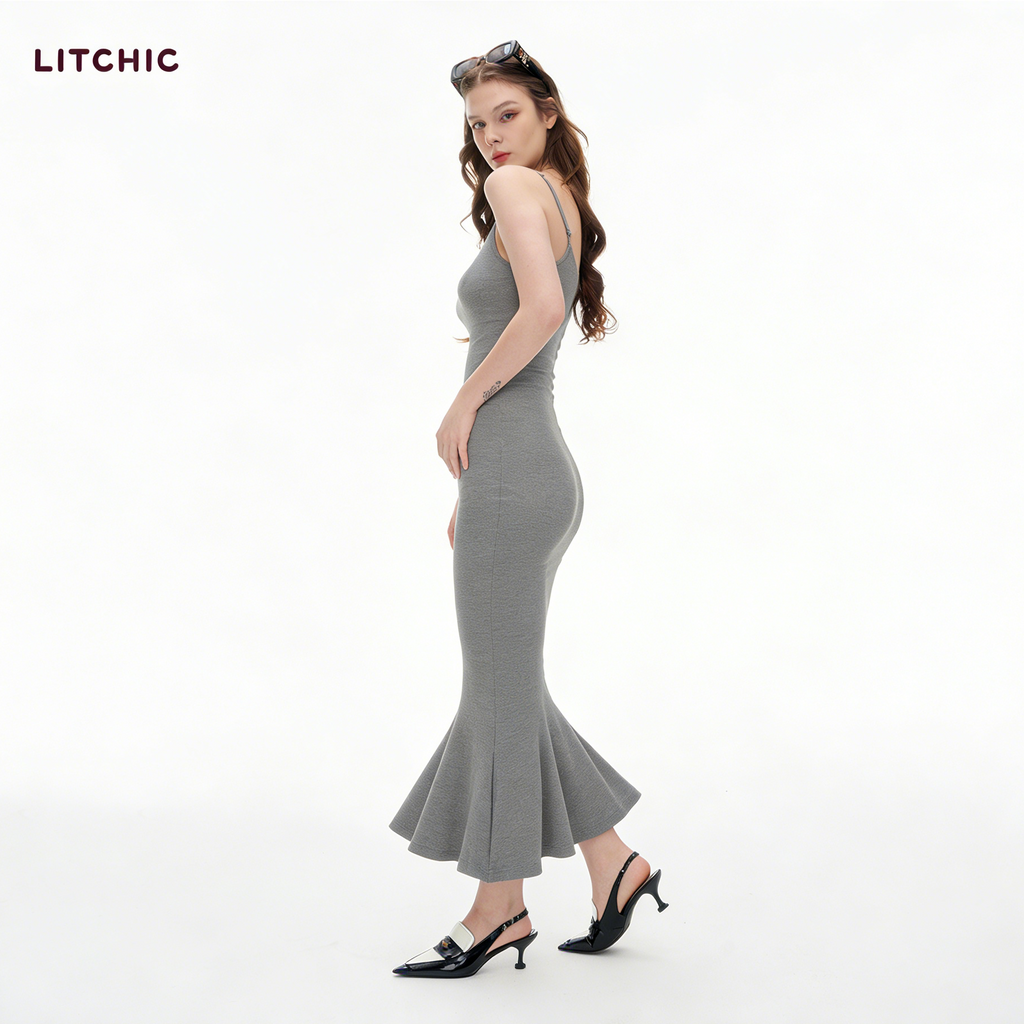 Women's Spaghetti Strap Bodycon Maxi Dress | Heather Gray Ribbed Knit Slim Fit Cami Long Dress for Daily & Date Night