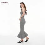 Women's Spaghetti Strap Bodycon Maxi Dress | Heather Gray Ribbed Knit Slim Fit Cami Long Dress for Daily & Date Night