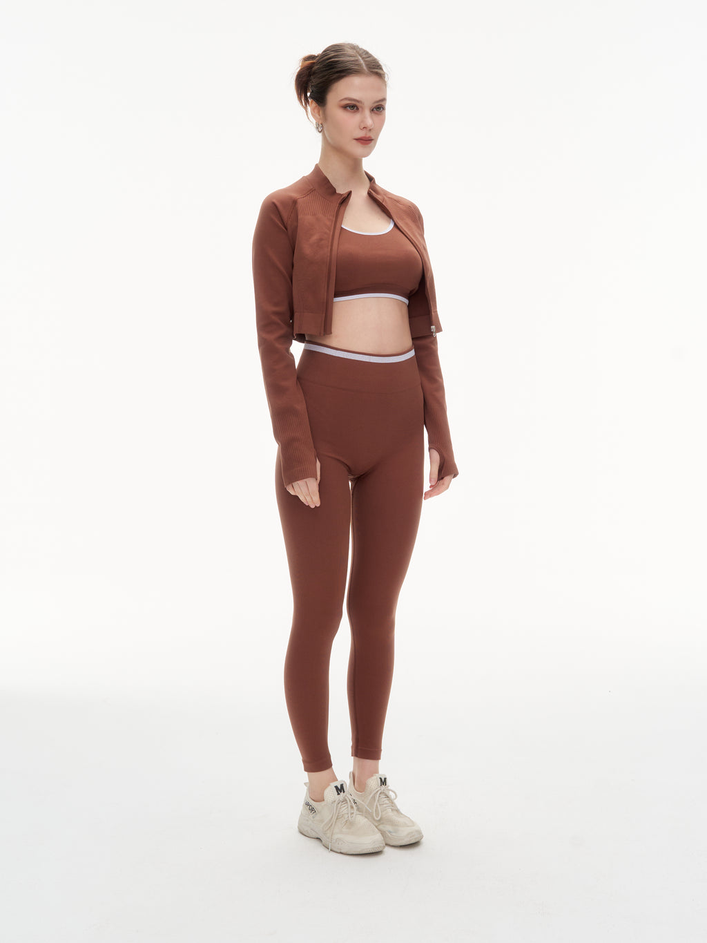 Women's 3 Piece Contrast Trim Workout Set - Sports Bra, High Waist Leggings & Zip Up Crop Jacket