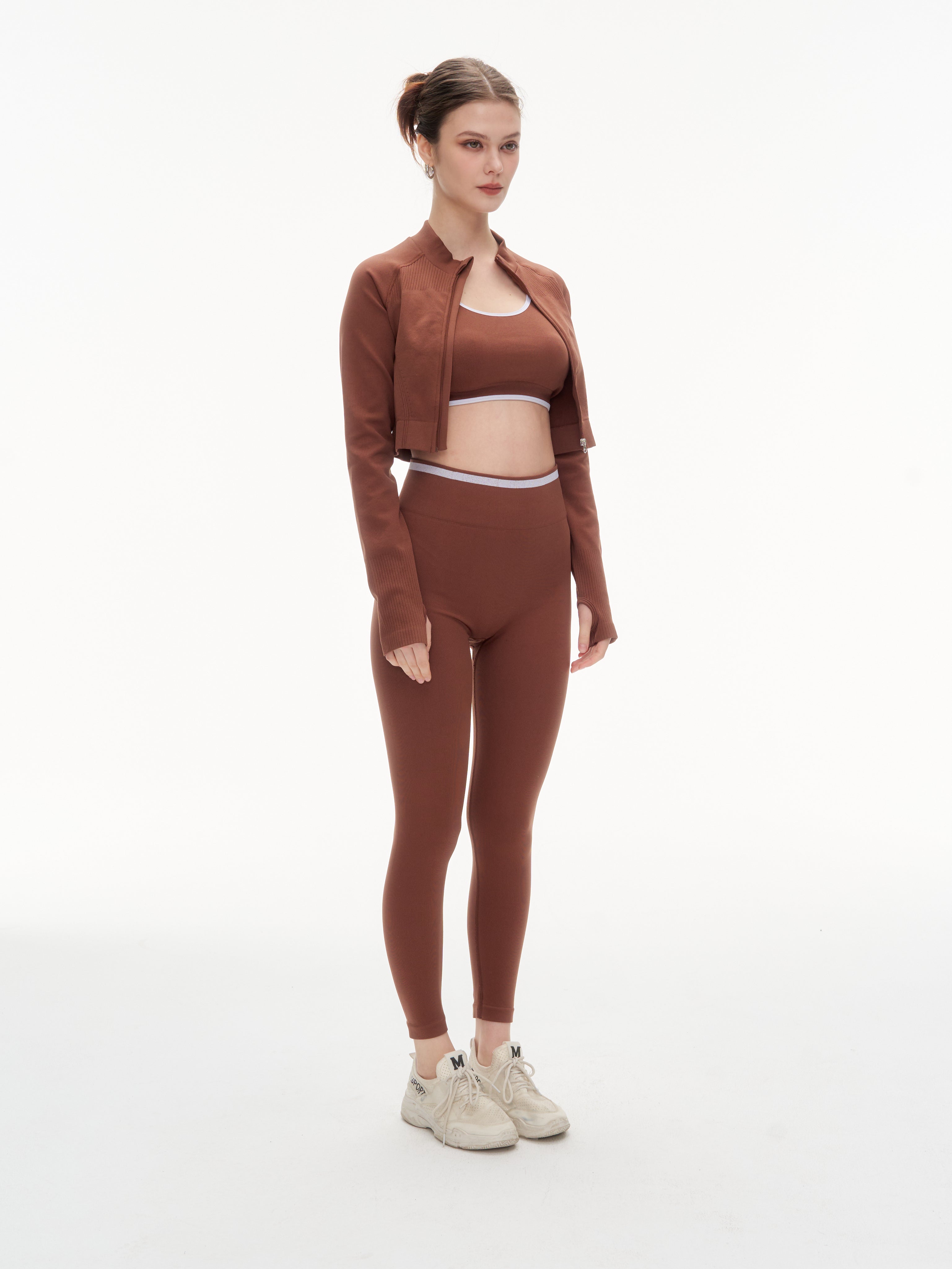 Women's 3 Piece Contrast Trim Workout Set - Sports Bra, High Waist Leggings & Zip Up Crop Jacket