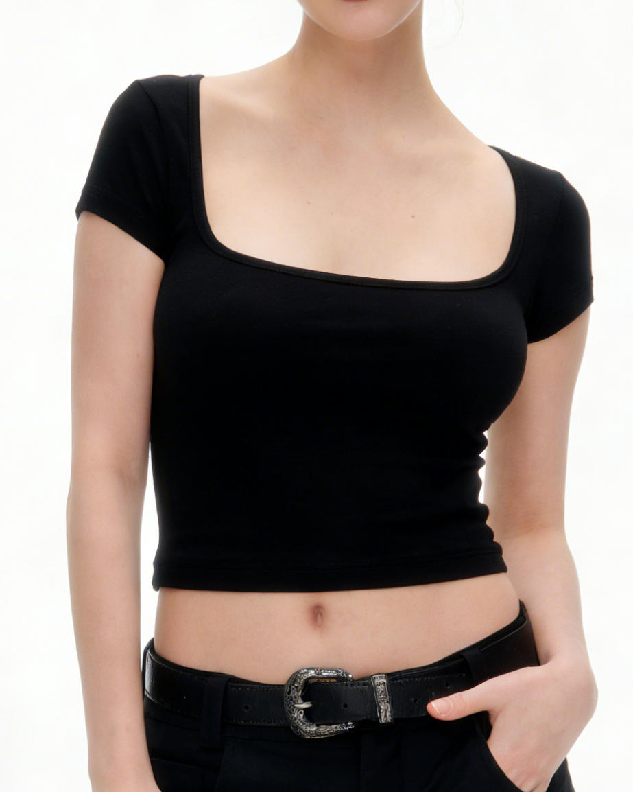Women's Square Neck Short Sleeve Crop Top - Stretchy Slim Fit Basic Tee