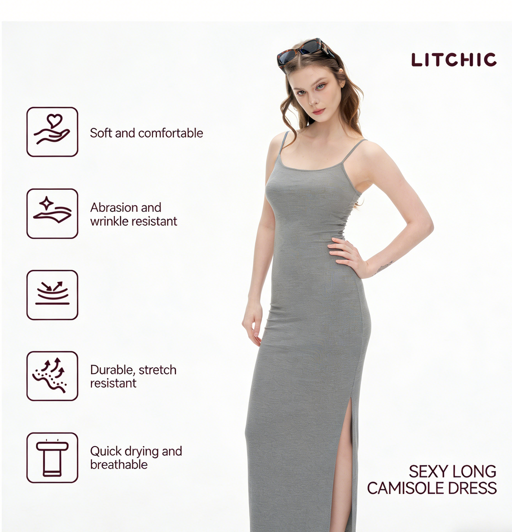 Women's Spaghetti Strap Bodycon Maxi Dress | Heather Gray Ribbed Knit Slim Fit Cami Long Dress for Daily & Date Night