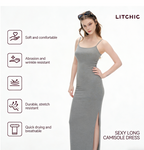 Women's Spaghetti Strap Bodycon Maxi Dress | Heather Gray Ribbed Knit Slim Fit Cami Long Dress for Daily & Date Night