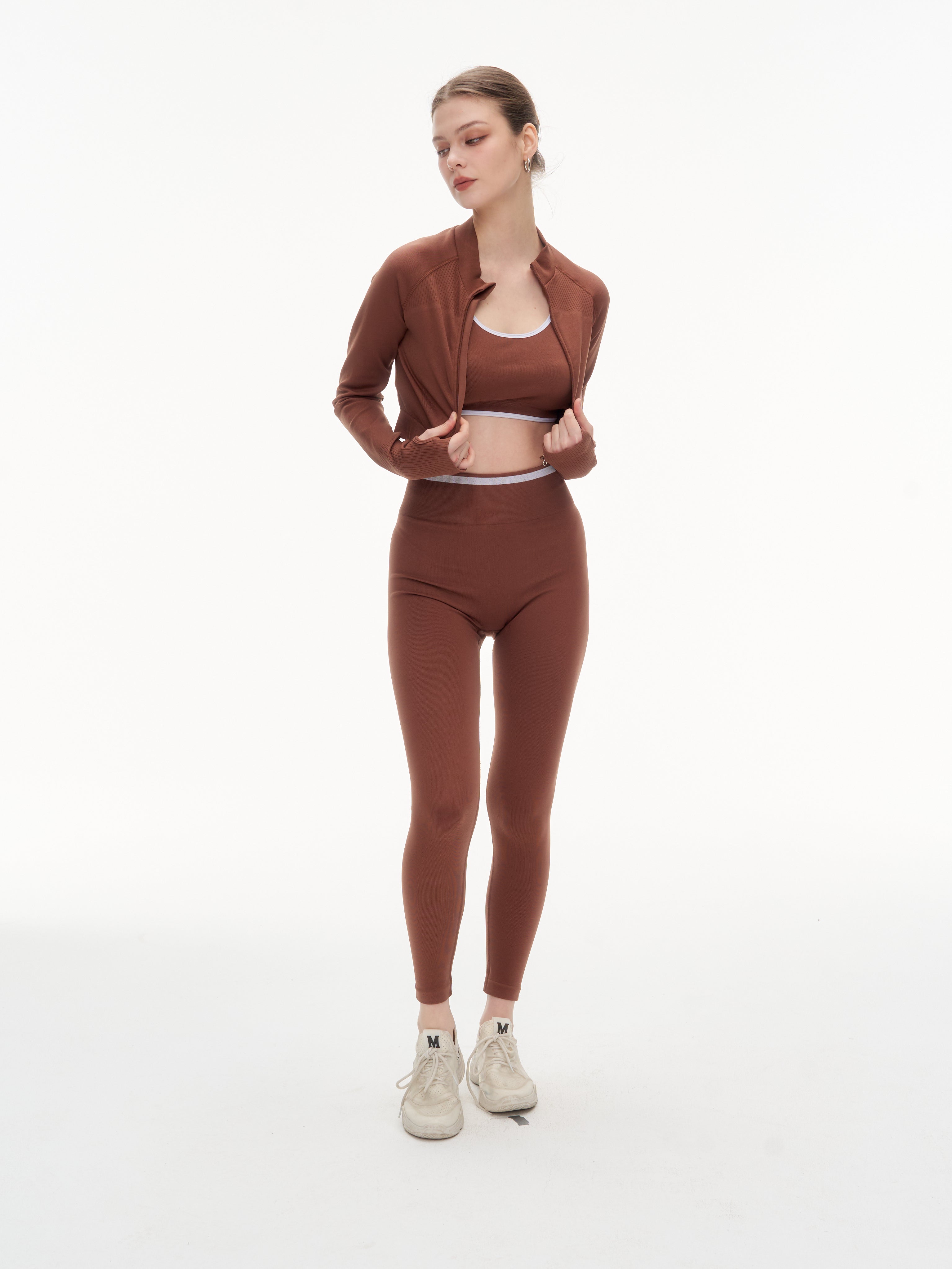 Women's 3 Piece Contrast Trim Workout Set - Sports Bra, High Waist Leggings & Zip Up Crop Jacket