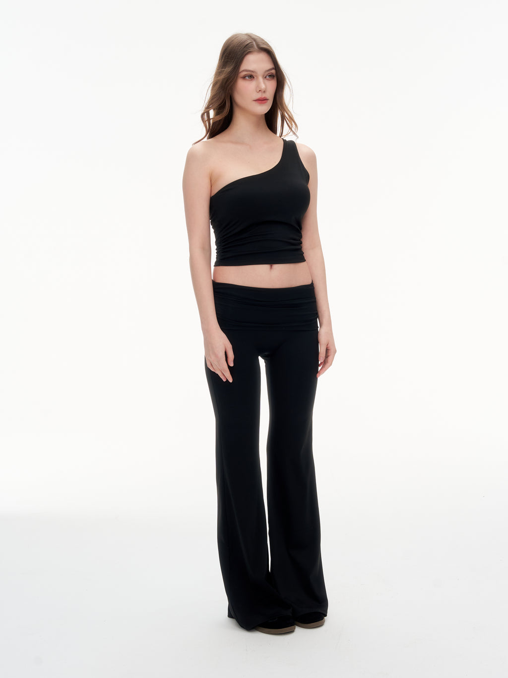 Women's One Shoulder Ruched Crop Top & High Waist Flare Pants 2 Piece Set - Stretchy  Matching Outfit