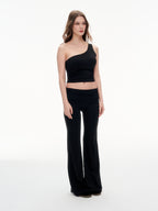 Women's One Shoulder Ruched Crop Top & High Waist Flare Pants 2 Piece Set - Stretchy  Matching Outfit