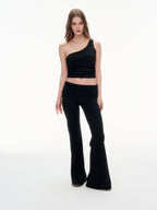Women's One Shoulder Ruched Crop Top & High Waist Flare Pants 2 Piece Set - Stretchy  Matching Outfit