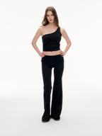 Women's One Shoulder Ruched Crop Top & High Waist Flare Pants 2 Piece Set - Stretchy  Matching Outfit