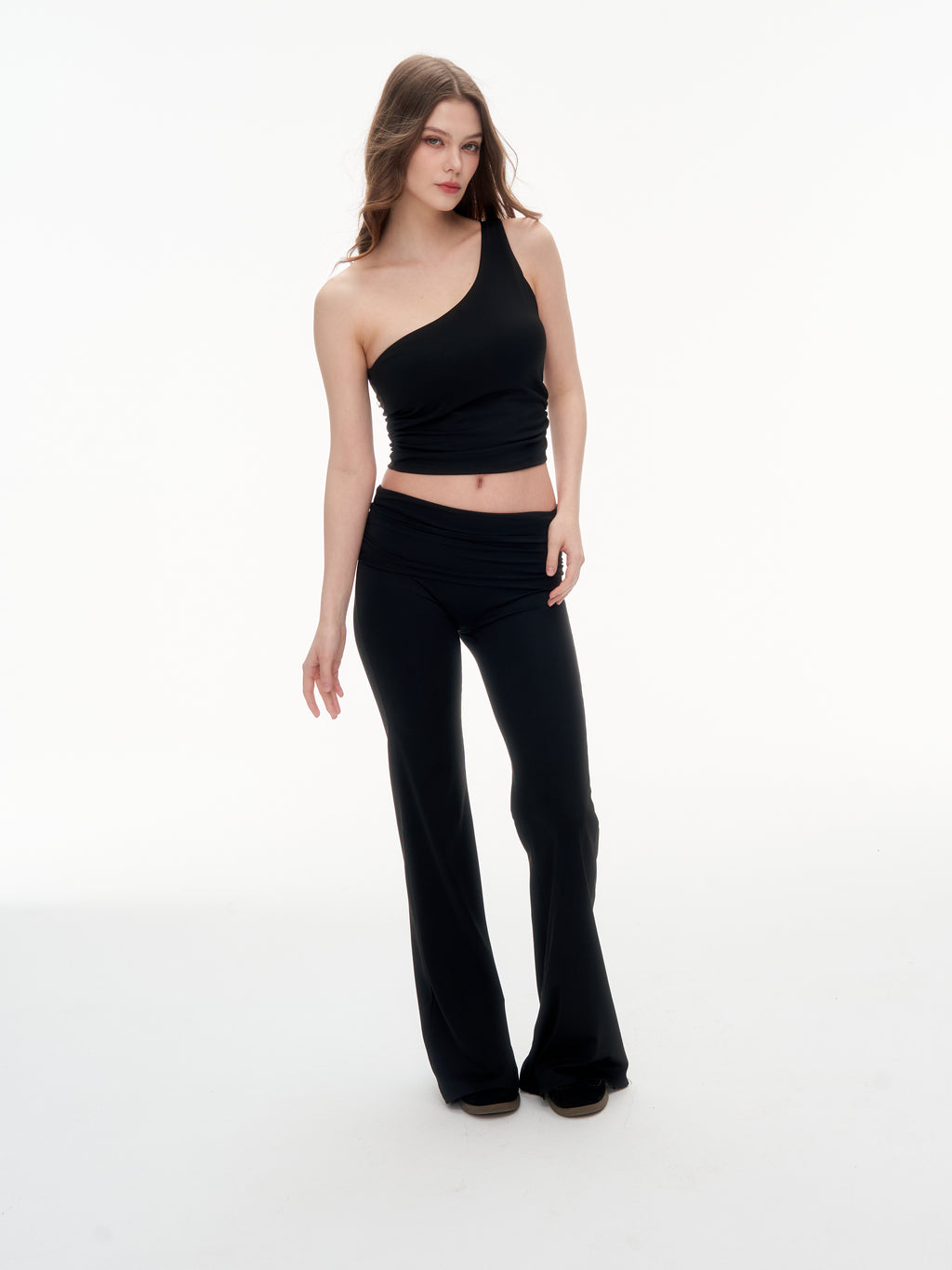 Women's One Shoulder Ruched Crop Top & High Waist Flare Pants 2 Piece Set - Stretchy  Matching Outfit