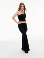 Women's One Shoulder Ruched Crop Top & High Waist Flare Pants 2 Piece Set - Stretchy  Matching Outfit