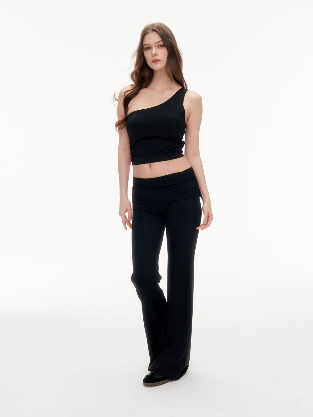 Women's One Shoulder Ruched Crop Top & High Waist Flare Pants 2 Piece Set - Stretchy  Matching Outfit