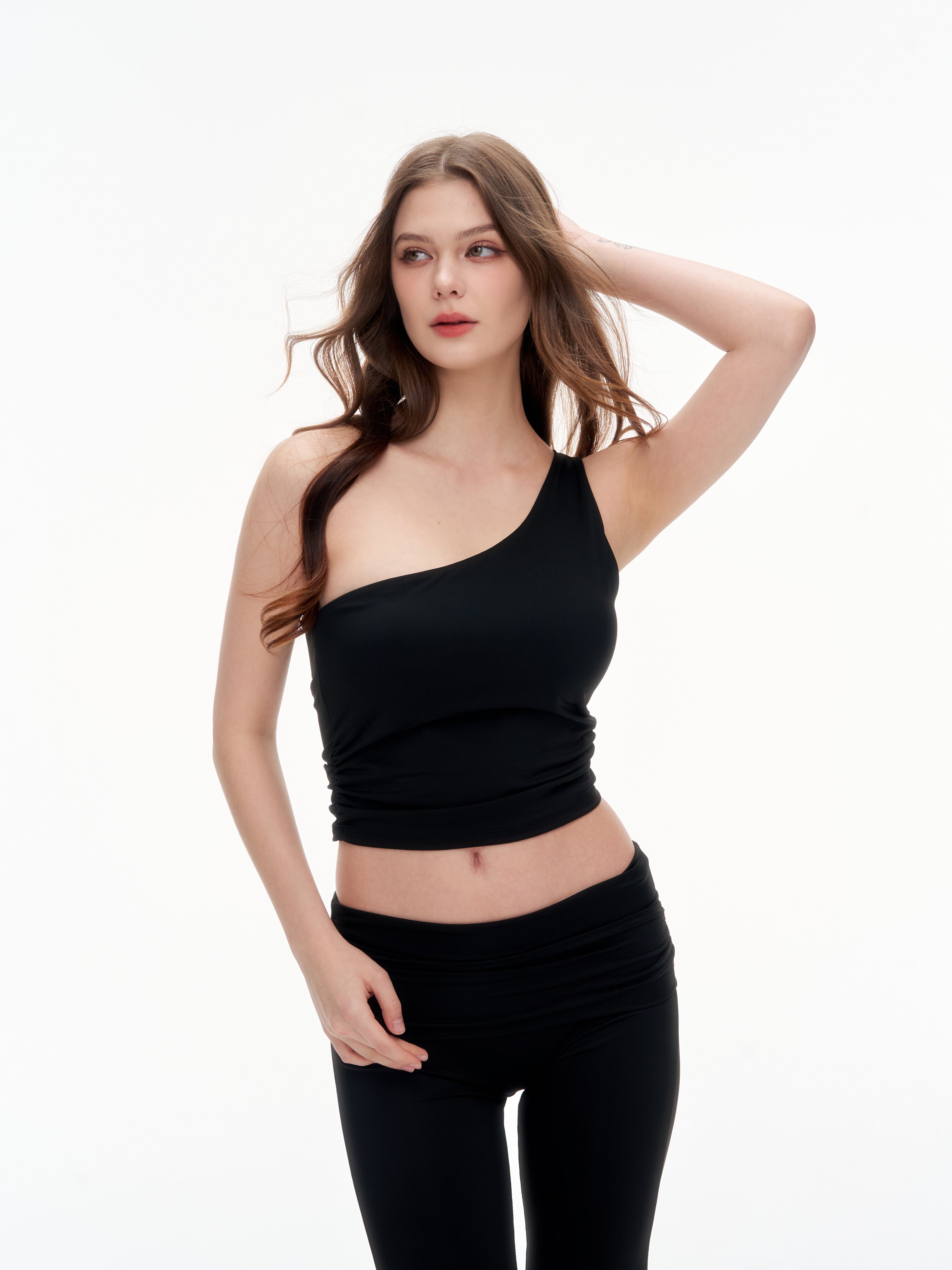Women's One Shoulder Ruched Crop Top - Stretchy Asymmetrical Sleeveless Top