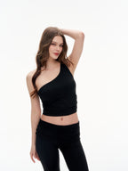 Women's One Shoulder Ruched Crop Top - Stretchy Asymmetrical Sleeveless Top