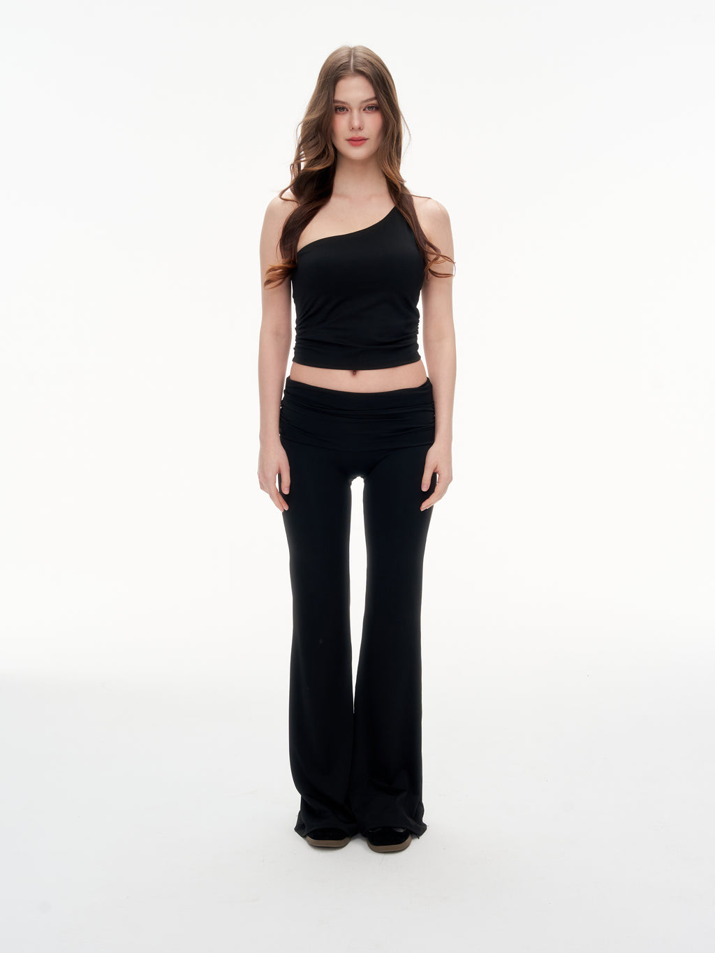 Women's One Shoulder Ruched Crop Top & High Waist Flare Pants 2 Piece Set - Stretchy  Matching Outfit