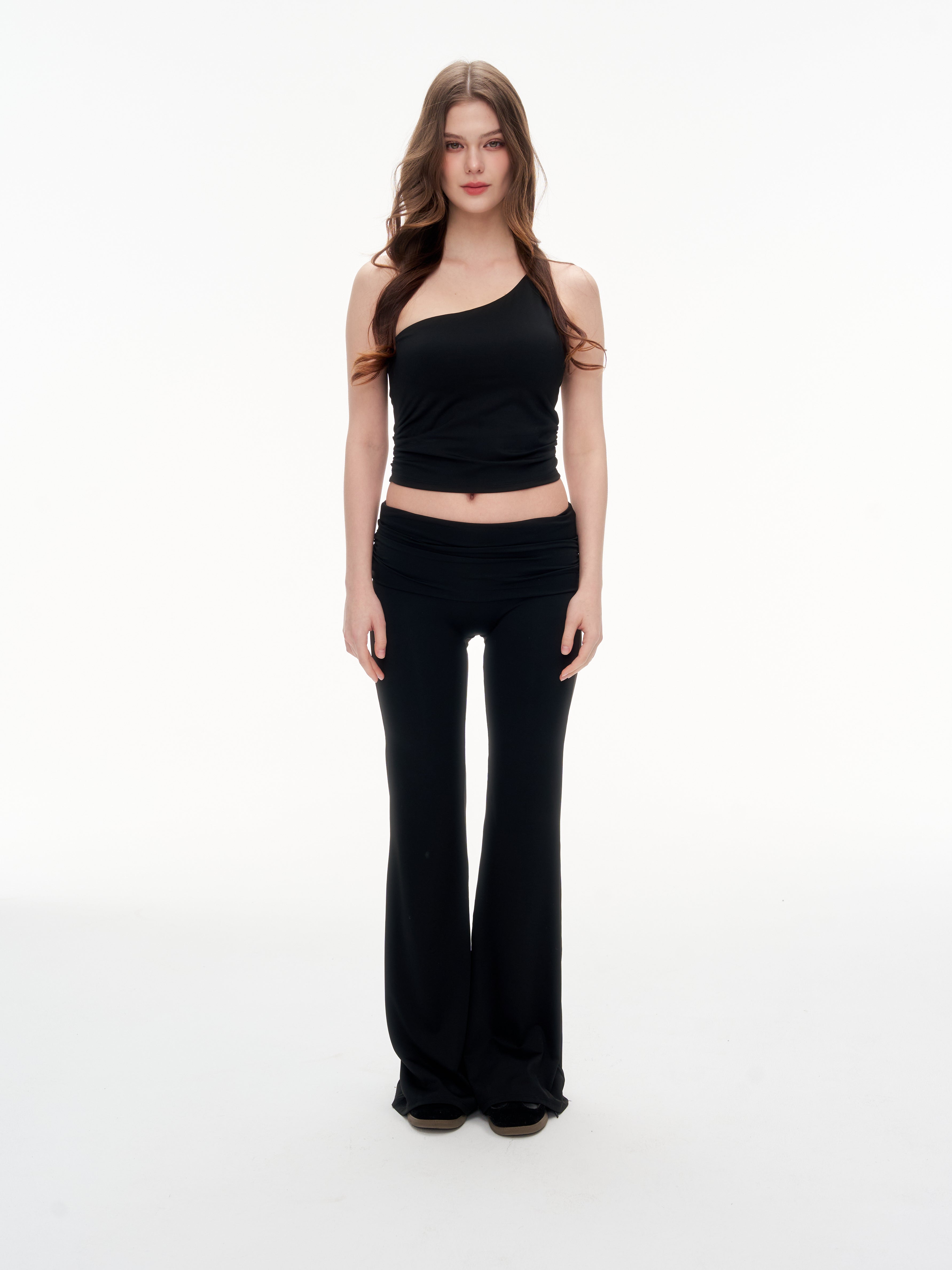 Women's One Shoulder Ruched Crop Top & High Waist Flare Pants 2 Piece Set - Stretchy  Matching Outfit