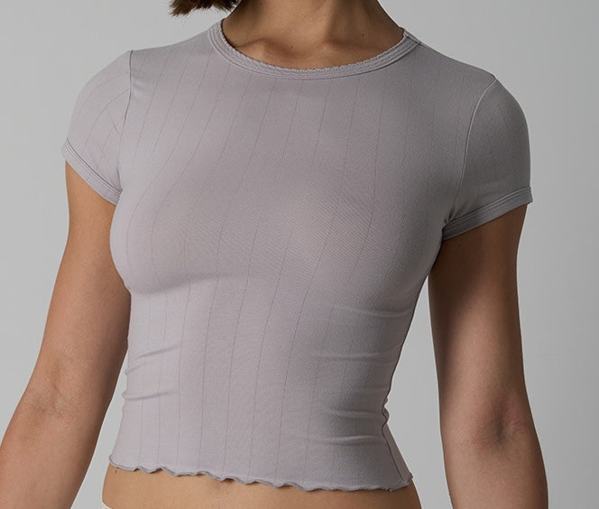 Women's Ribbed Ruffle Trim Crew Neck Crop Top - Stretchy Cotton Blend Slim Fit T-Shirt