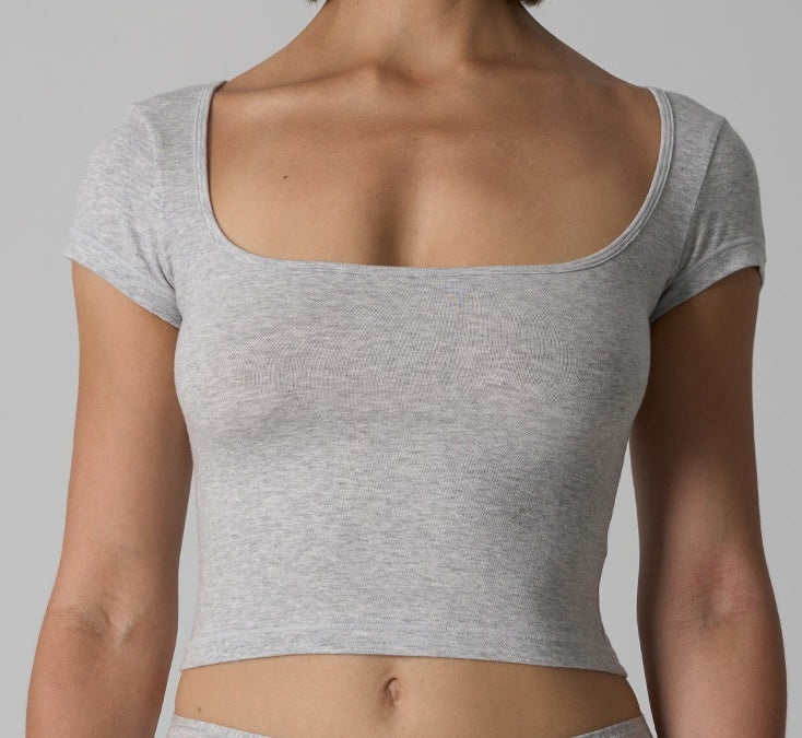 Women's Square Neck Short Sleeve Crop Top - Stretchy Slim Fit Basic Tee