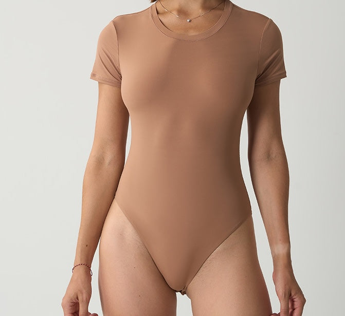 Women's Crew Neck Short Sleeve Bodysuit（SKIMS） - Stretchy 76% Nylon 24% Spandex Slim Fit One Piece Outfit