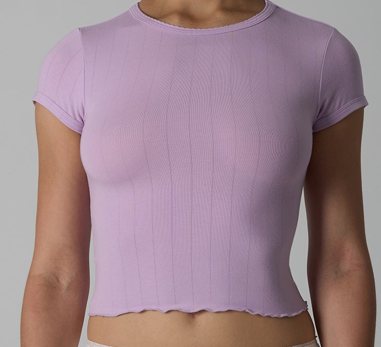 Women's Ribbed Ruffle Trim Crew Neck Crop Top - Stretchy Cotton Blend Slim Fit T-Shirt