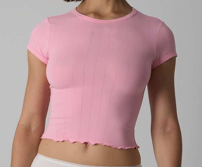 Women's Ribbed Ruffle Trim Crew Neck Crop Top - Stretchy Cotton Blend Slim Fit T-Shirt